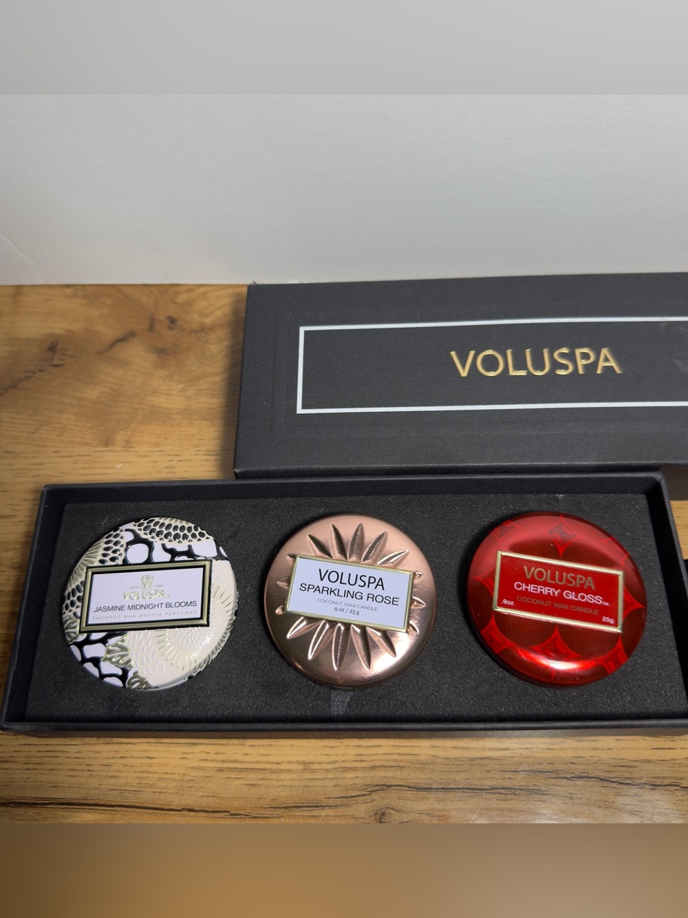 NEW Voluspa 3 Candle Set in Box, Jasmine Midnight, Sparkling Rose & Cherry Gloss